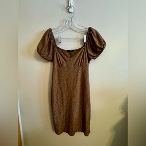 Ambiance Brown Midi Dress with Puff Sleeves